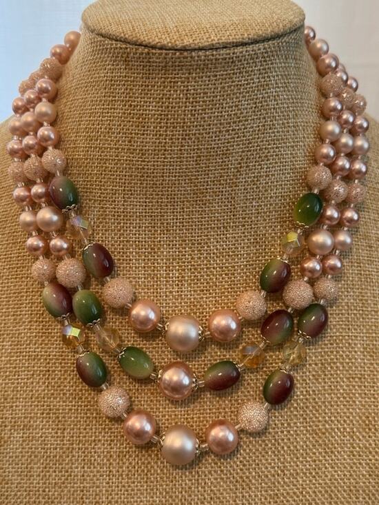 Jewelry - Vintage Triple Strand Beaded necklace #670 signed Japan pink green gold tone